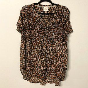 KNOX ROSE Shirt Size Large Black Brown Small Floral Dainty Boho Fall Neutrals